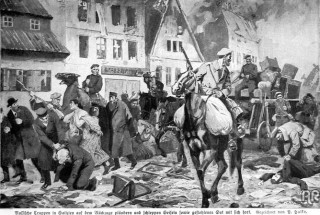 Rosjanie plądrują miasto w Galicji. Jesień 1914 - mal. Paul Halke. Źródło: www.wielkawojna.az.pl