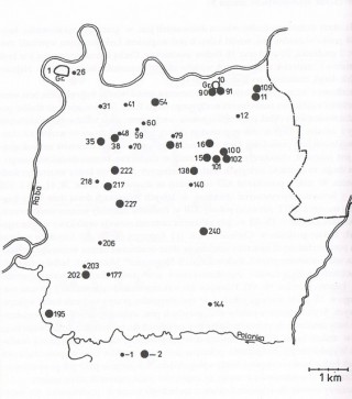 Osady wczesnośredniowieczne w rejonie Łapczycy wg A. Cetery i J. Okońskiego