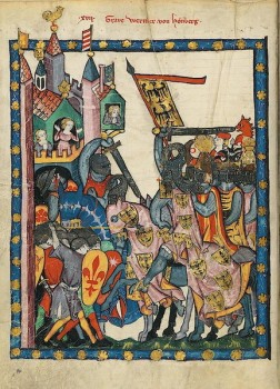 Rycerze w walce. Ilustracja z Kodeksu Manesse