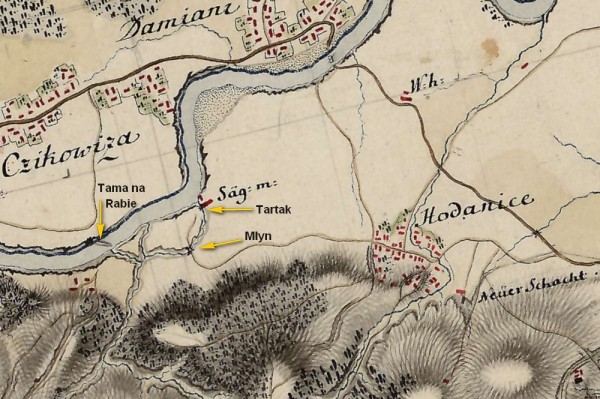 Fragment mapy z 1779 r. z zaznaczonymi dodatkowo obiektami nad Rabą