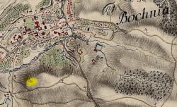 Szubienica na Uzborni (wyróżniona na żółto) na mapie z lat 80. XVIII wieku