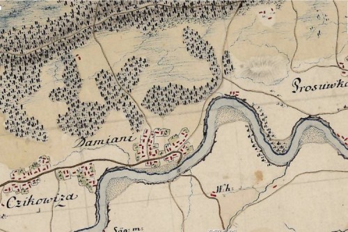 Damienice na austriackiej mapie z lat 1779-1783