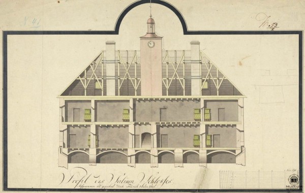 Przekrój zamku żupnego z 1813 r. Zbiory Muzeum im. S. Fischera w Bochni